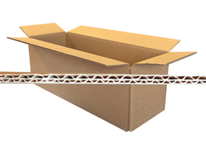 An open brown corrugated cardboard box shown on a white background, with a close-up horizontal strip across the middle highlighting the wavy cardboard wall structure.