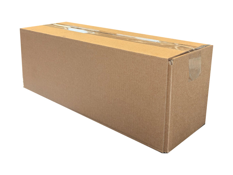 A long, rectangular brown cardboard box sealed with clear tape, shown on a plain white background.