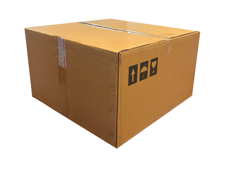 A large brown cardboard shipping box sealed with clear tape, featuring black handling icons on the side, isolated on a white background.
