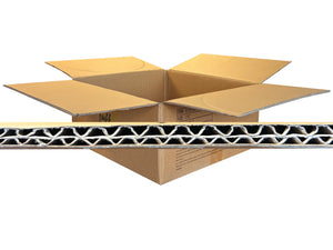 A brown corrugated cardboard box with its flaps open, shown against a white background with a close-up horizontal strip of the box's wavy cardboard wall.