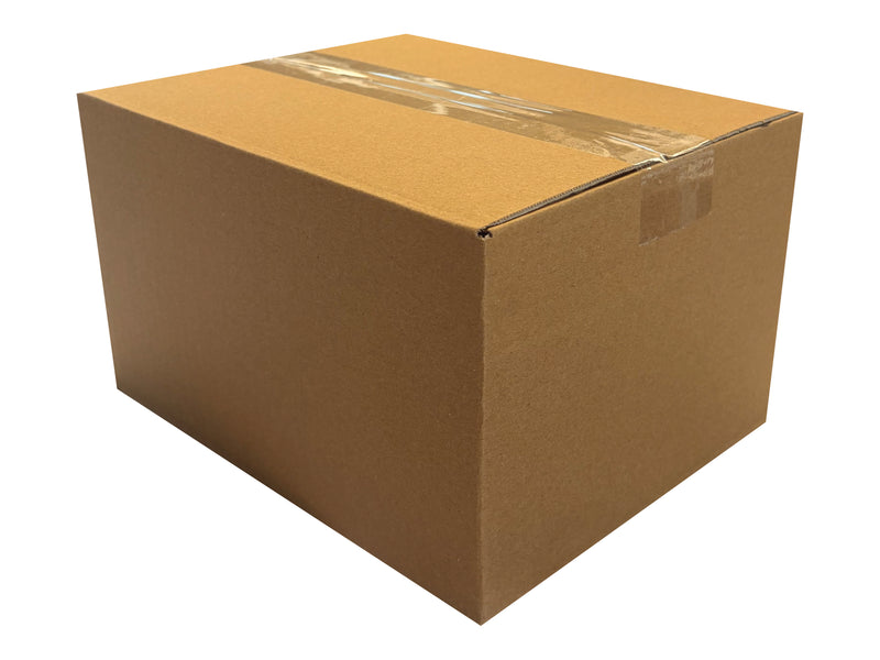 A plain brown cardboard box sealed with clear tape on a white background.