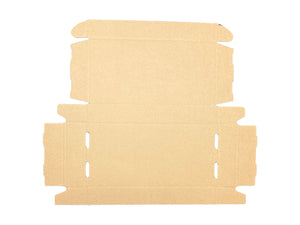 A flat, unfolded piece of light brown corrugated cardboard with pre-cut slots and flaps, isolated on a white background.
