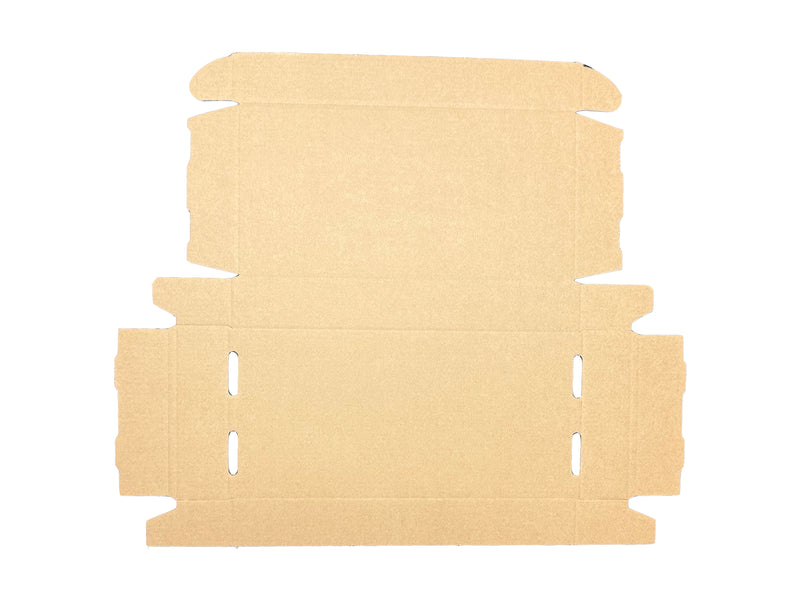 A flat, unfolded piece of light brown corrugated cardboard with pre-cut slots and flaps, isolated on a white background.