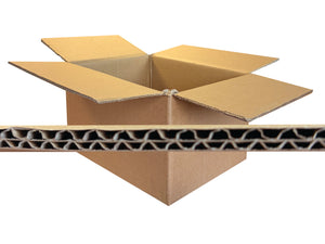 An open brown corrugated cardboard box shown on a white background, with a close-up horizontal strip across the lower middle highlighting the wavy cardboard wall structure.