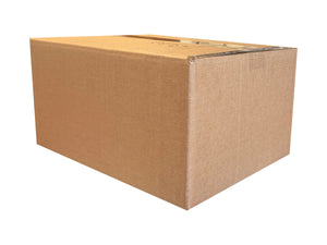 A standard brown corrugated cardboard box with a flat top and reinforced edges, shown at a three-quarter angle on a plain white background.