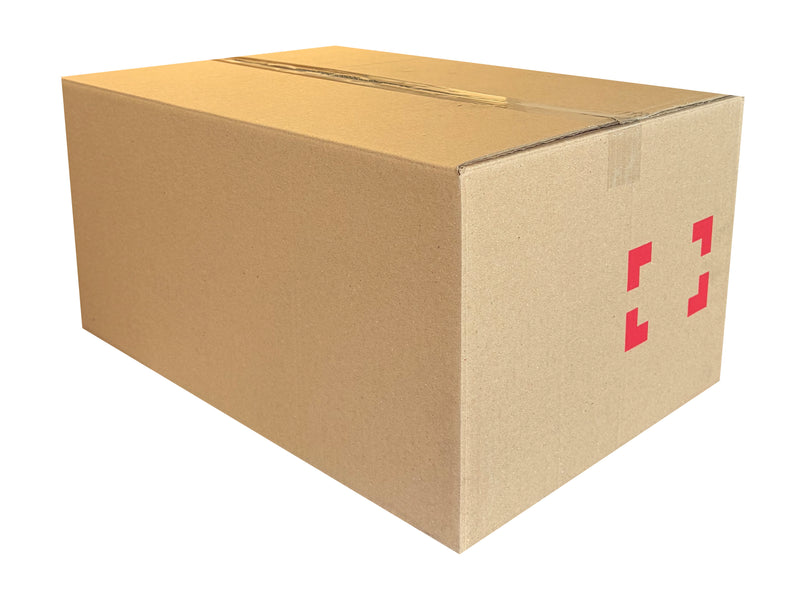 A brand new box with a small printed area for affixing labels. 