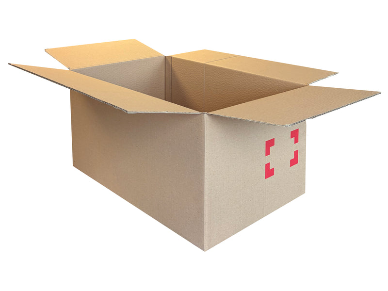 A 585mm x 390mm x 284mm box, with a red printed label area