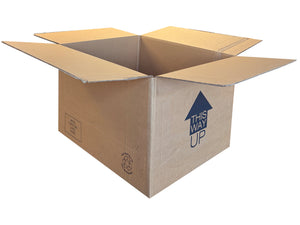 An open brown cardboard box with flaps extended, showing a blue 'THIS WAY UP' arrow printed on one side, isolated on a white background.