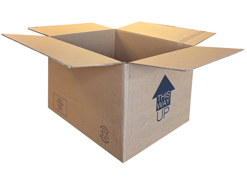 An open brown cardboard box with flaps extended, showing a blue 'THIS WAY UP' arrow printed on one side, isolated on a white background.