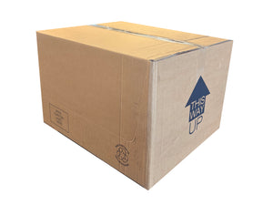 A large brown cardboard shipping box sealed with clear tape, featuring a blue 'THIS WAY UP' arrow printed on one side, isolated on a white background.