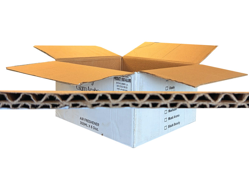 A white corrugated shipping box with its flaps open, shown on a white background with a horizontal close-up strip of the brown cardboard wave pattern across the middle.