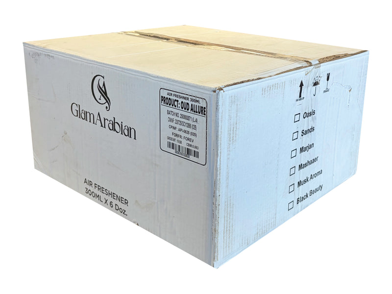 A white cardboard box for Glam Arabian air freshener, showing the front and side panels with printed text and logos, photographed on a white background.