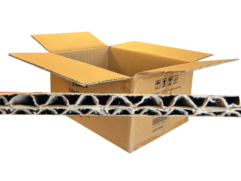 An open brown corrugated cardboard box shown on a white background, with a close-up horizontal strip across the center highlighting the layered wavy cardboard wall structure.