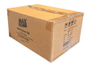 A large brown cardboard box of Northern Max Flush Toilet Cleaner Gel cross-section spray, sealed with clear tape, on a white background.