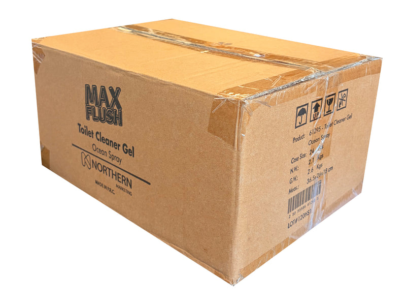 A large brown cardboard box of Northern Max Flush Toilet Cleaner Gel cross-section spray, sealed with clear tape, on a white background.