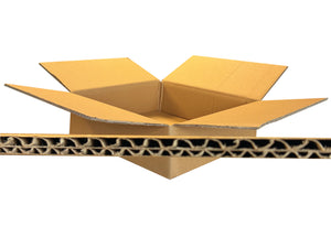 An open brown corrugated cardboard box with its flaps spread, shown above a close-up horizontal strip of the cardboard wave pattern on a white background.