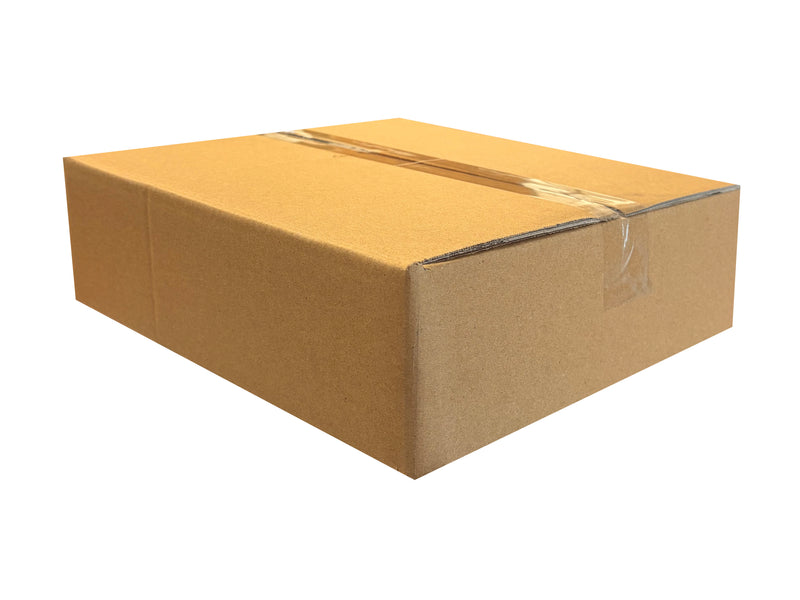 A closed brown cardboard box sealed with clear tape, shown on a plain white background.