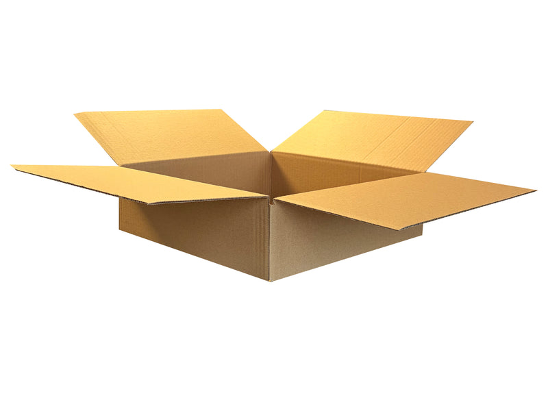An open brown cardboard box with four flaps spread out, shown on a plain white background.