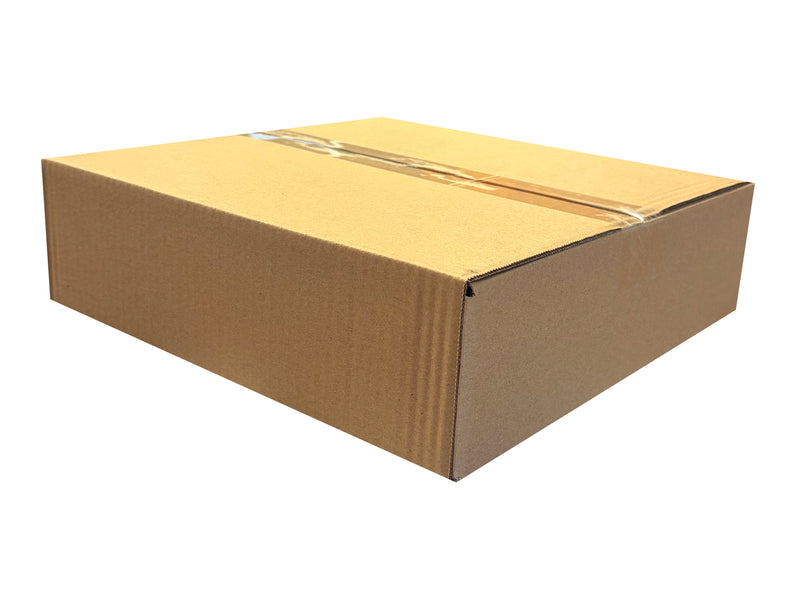 A standard brown corrugated cardboard box sealed with clear tape, shown on a plain white background.