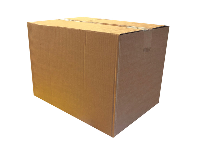A large, empty brown cardboard shipping box with a double-seal tape closure, shown from a three-quarters perspective on a solid white background.