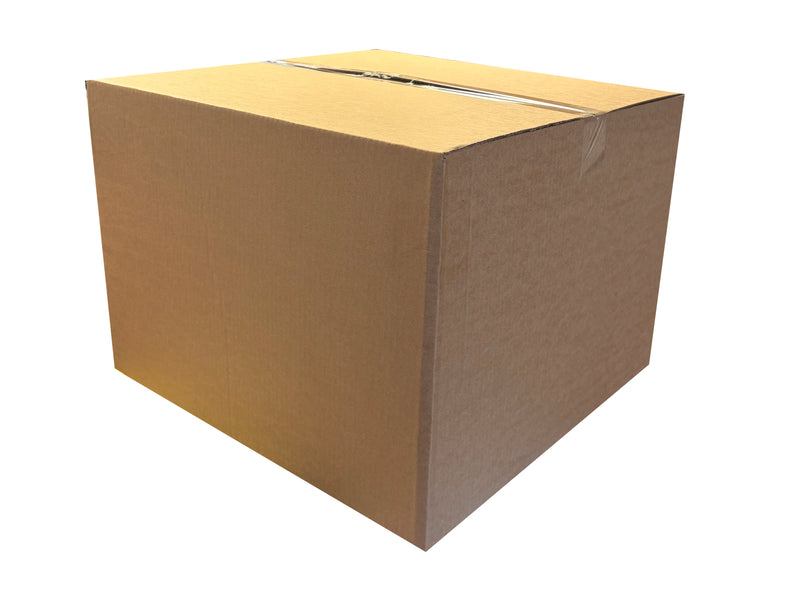 A closed box, sealed with clear tape that measures 500mm x 500mm x 350mm