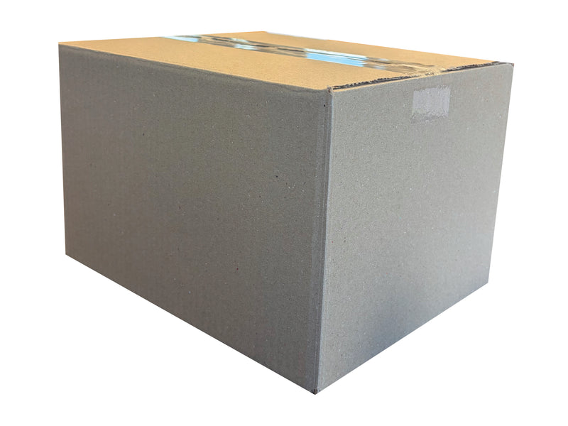 A plain brown cardboard shipping box with a clear plastic wrap seal on the top, shown at a three-quarter angle against a white background.
