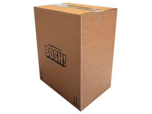 A large brown cardboard shipping box with the brand name 'BOSH!' printed in black on the side, sealed with clear tape on a plain white background.