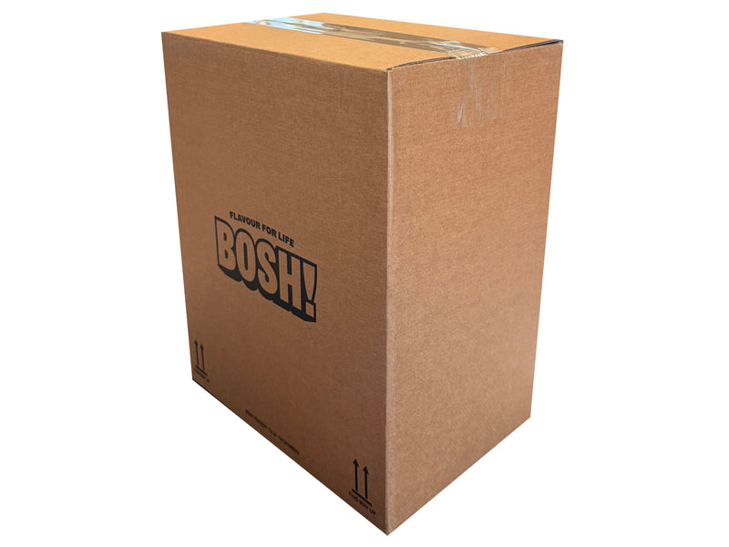 A large brown cardboard shipping box with the brand name 'BOSH!' printed in black on the side, sealed with clear tape on a plain white background.