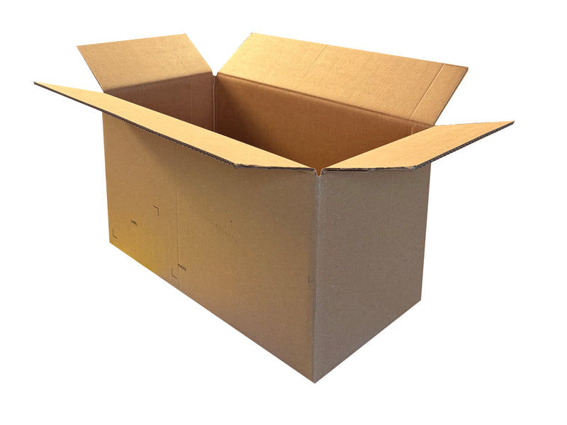 An open brown cardboard shipping box with flaps raised, shown on a plain white background.