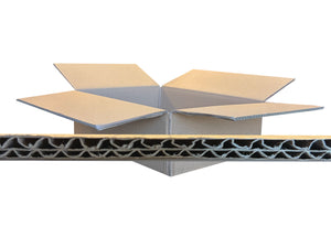 A cardboard shipping box with all four flaps open, shown above a close-up horizontal section of corrugated cardboard panel on a white background.