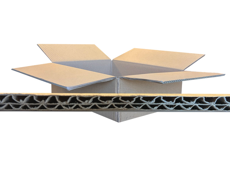A cardboard shipping box with all four flaps open, shown above a close-up horizontal section of corrugated cardboard panel on a white background.