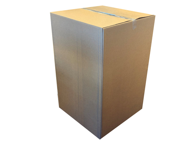 A tall, plain brown cardboard box with a flat top and sealed seams, photographed on a clean white background.