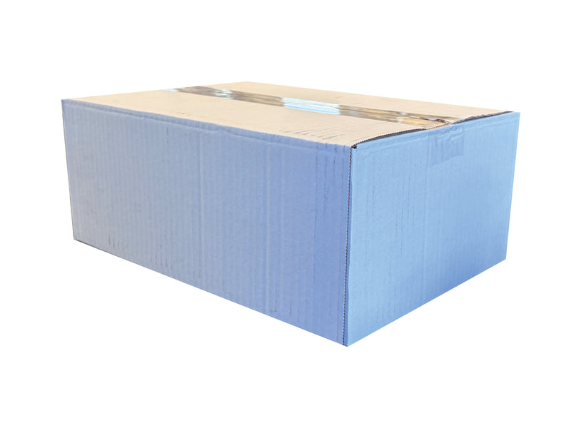 A white corrugated cardboard box with a brown kraft paper top and clear tape, isolated on a white background.