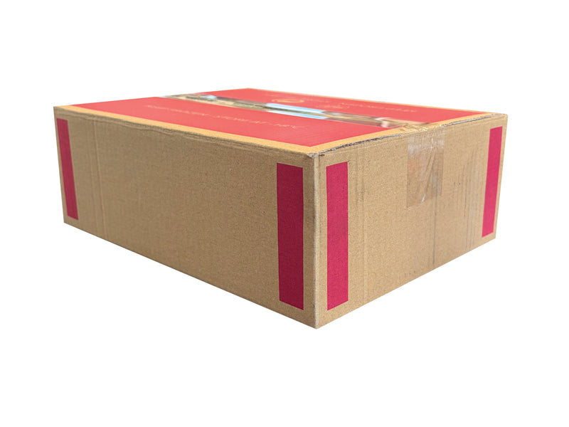 A brown cardboard shipping box sealed with red tape on a plain white background.