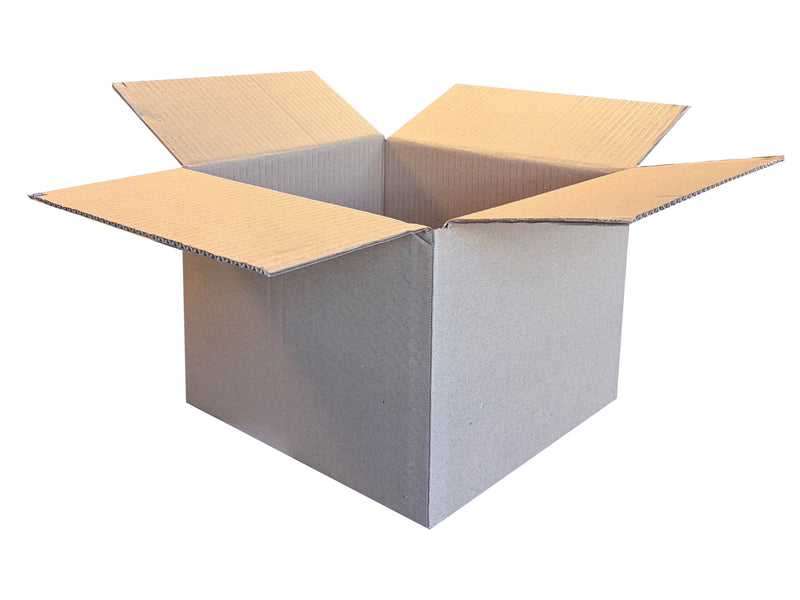 An open brown corrugated cardboard box measuring 304mm x 274mm x 214mm on a plain white background.