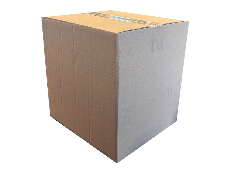 A large brown cardboard shipping box sealed with clear tape, shown at a three-quarter angle on a plain white background.