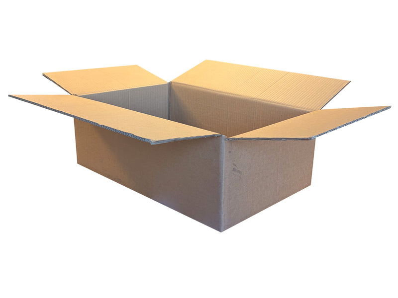 An open brown cardboard shipping box with flaps extended, shown on a plain white background.