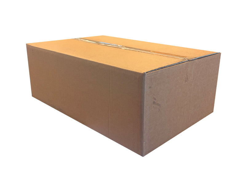 A standard brown cardboard shipping box with a flat lid, sealed with a strip of tape, shown on a plain white background.
