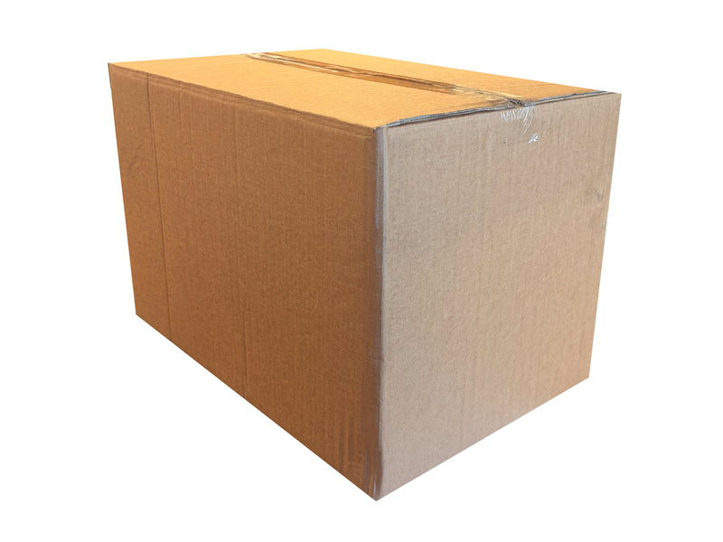 A standard brown corrugated cardboard box sealed with clear tape, shown at a three-quarter angle on a plain white background.