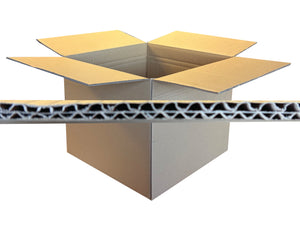 An open brown corrugated cardboard box with its flaps open, shown on a white background with a horizontal cross-section view of the cardboard wall in front.