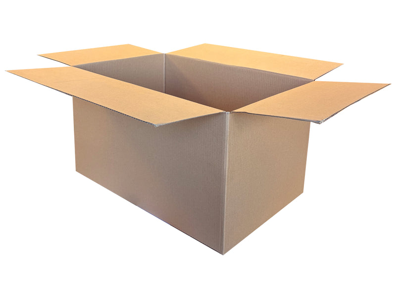 An open brown cardboard box with flaps extended, shown on a plain white background.