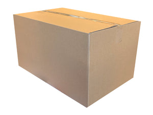 A plain brown cardboard box sealed with clear tape, shown at an angle on a white background.