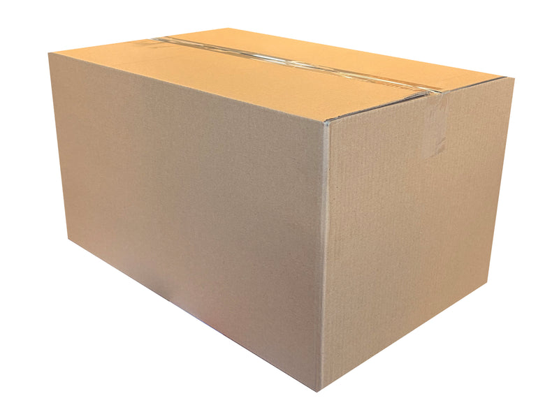 A plain brown cardboard box sealed with clear tape, shown at an angle on a white background.
