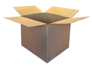 An open brown cardboard shipping box measuring 500mm x 450mm x 400mm with flaps extended, shown on a plain white background.