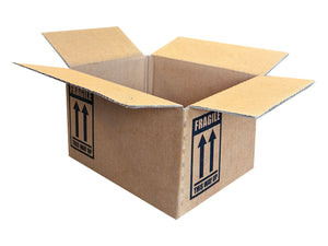 An open brown cardboard box with flaps, printed with black 'FRAGILE' labels and double-arrow icons on two sides, isolated on a white background.