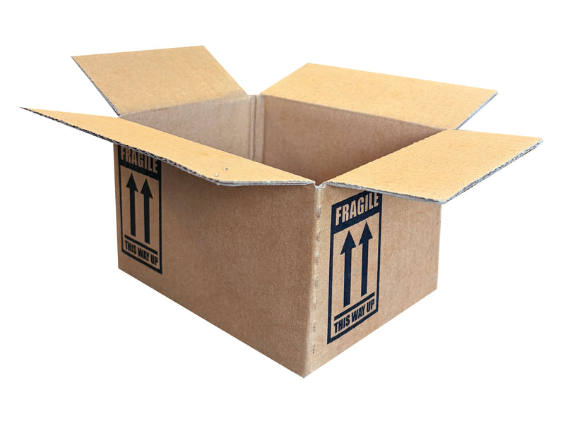 An open brown cardboard box with flaps, printed with black 'FRAGILE' labels and double-arrow icons on two sides, isolated on a white background.