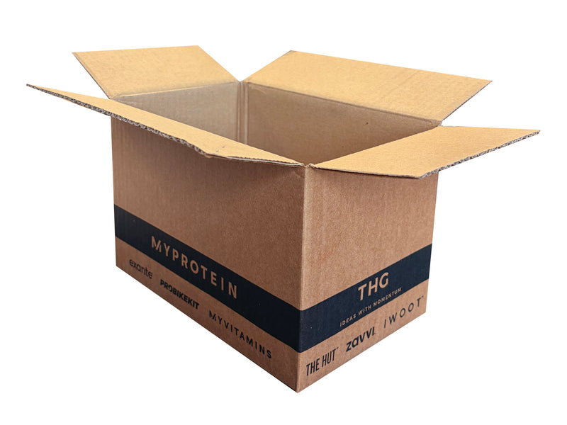 A 230mm x 146mm x 149mm box, printed with MyProtein branding and various company logos. 