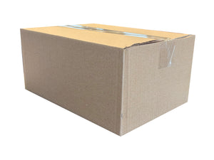 A standard brown cardboard shipping box sealed with clear tape, shown on a plain white background.