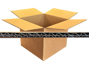 An open brown corrugated cardboard box with its flaps spread, shown on a white background with a close-up horizontal strip of the cardboard wall and wavy corrugated edge visible across the middle.