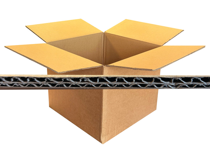 An open brown corrugated cardboard box with its flaps spread, shown on a white background with a close-up horizontal strip of the cardboard wall and wavy corrugated edge visible across the middle.